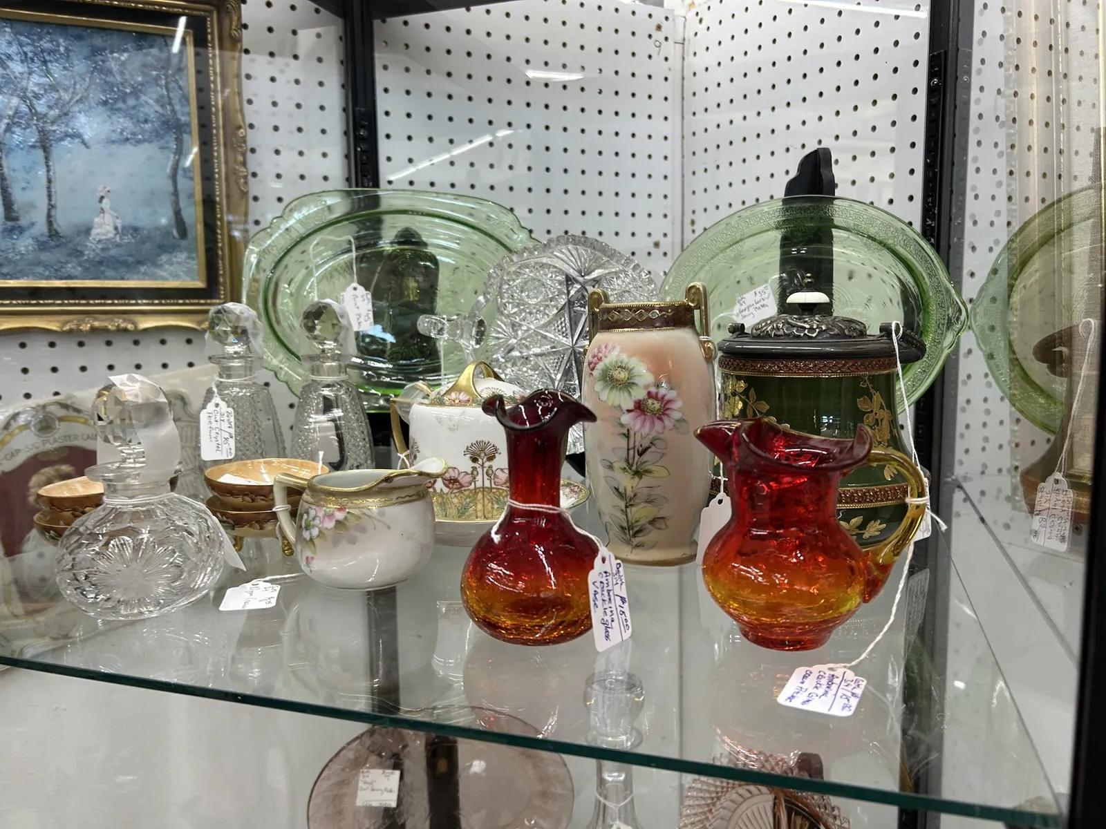 bangor-antiques-mall-green-glass-plates-and-colored-vases