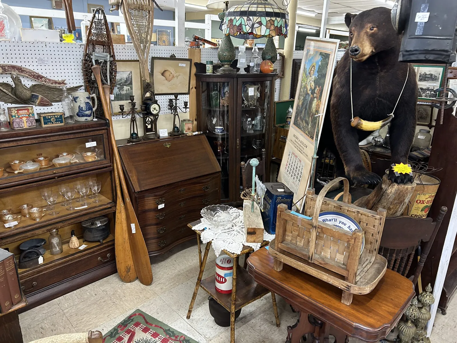 bangor-antiques-mall-wooden-furniture-baskets-and-bear-figure